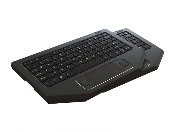 BLTX Mini rugged, low-profile keyboard (isometric, stacked view)